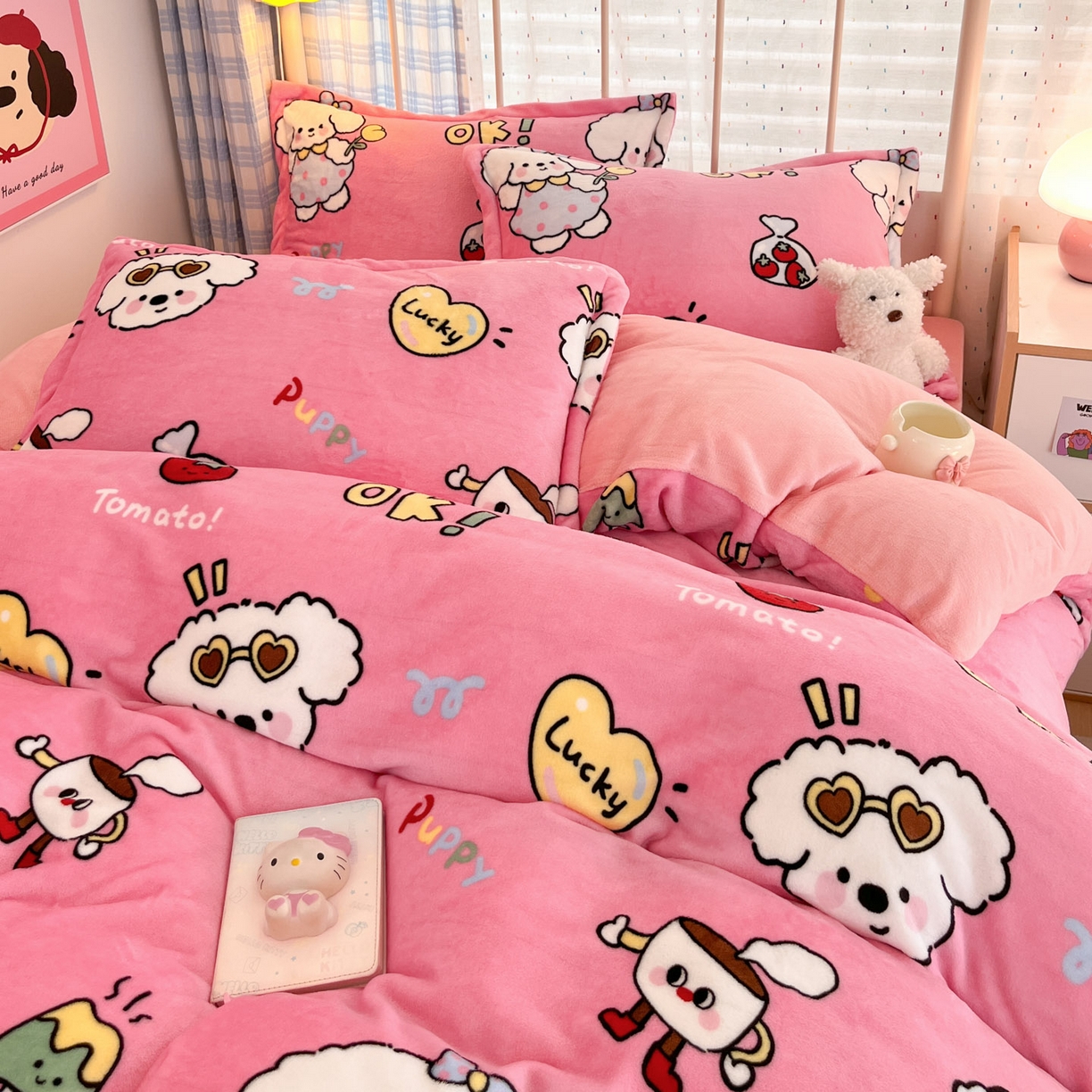 91家纺网 家纺一手货源 找家纺 川悦生活 2025新款加厚牛奶绒印花四件套 嗨皮小奶狗