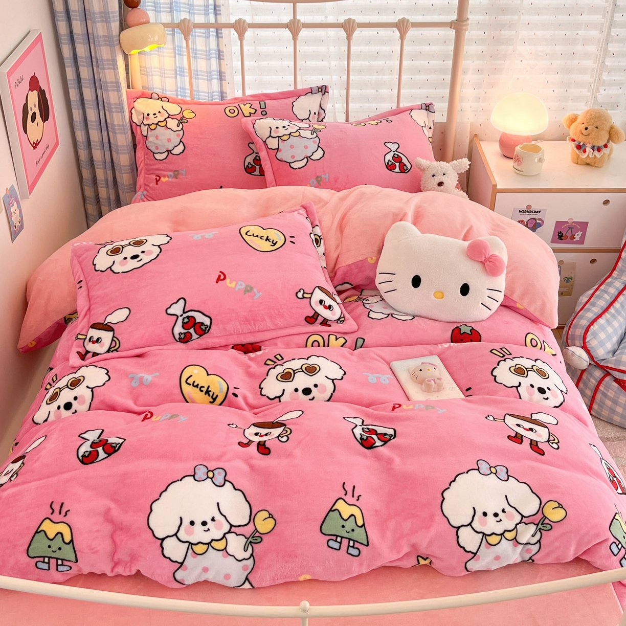 川悦生活 2025新款加厚牛奶绒印花四件套 嗨皮小奶狗