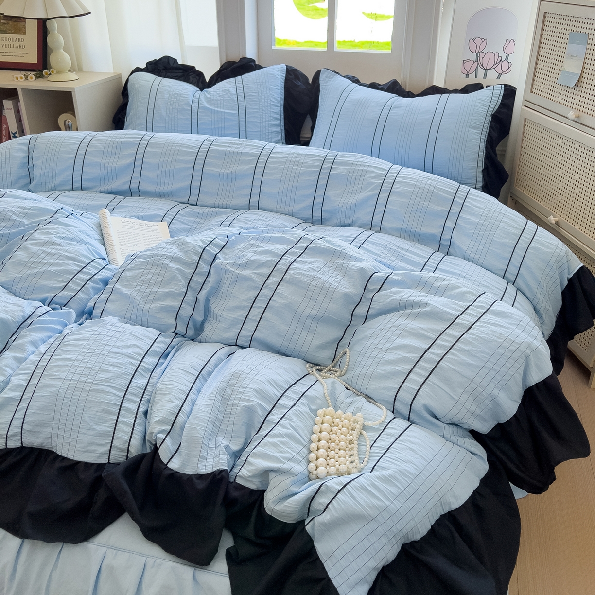 91家纺网 家纺一手货源 找家纺 优卡迪家纺馆 2025新款色织泡泡纱花边四件套 海盐蓝