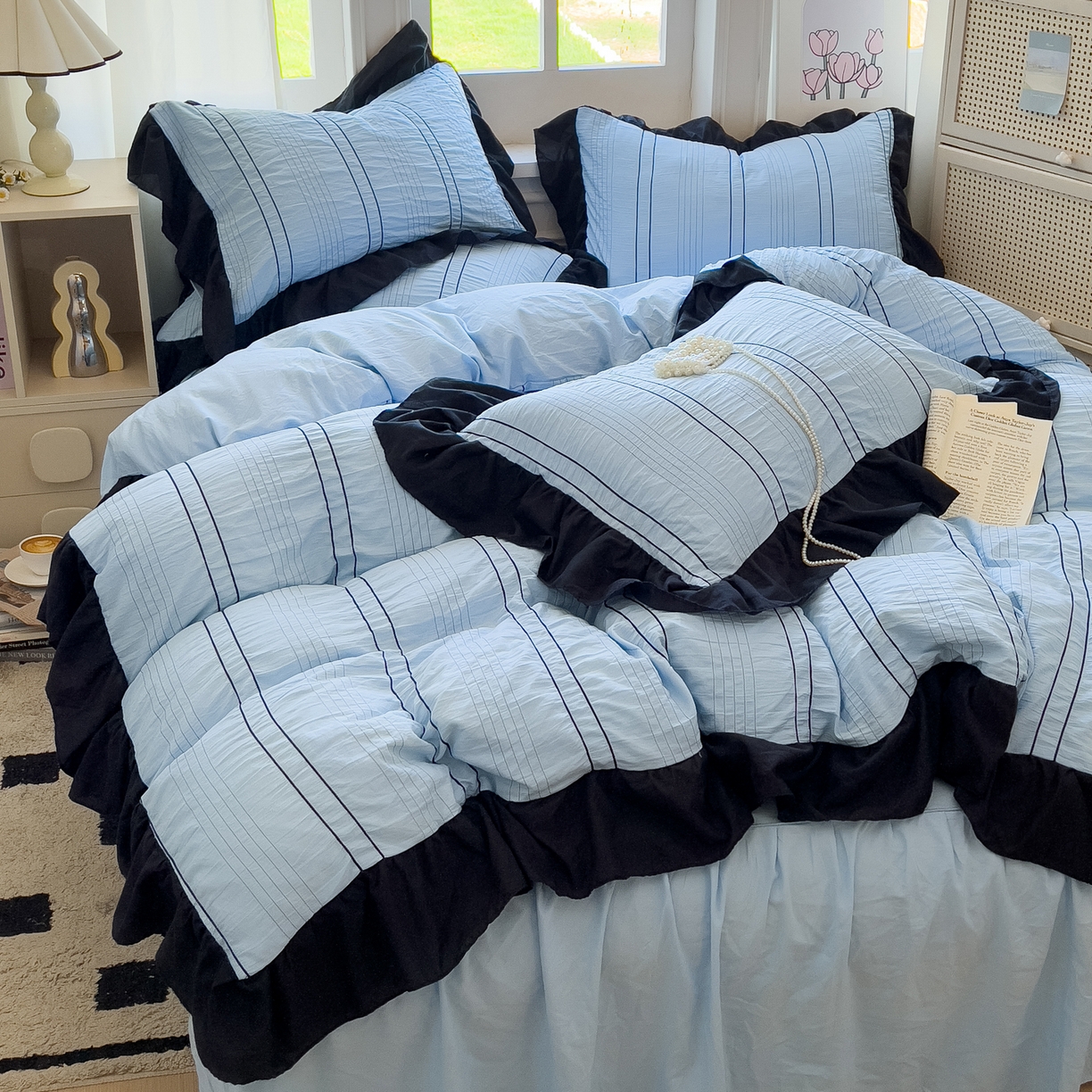 91家纺网 家纺一手货源 找家纺 优卡迪家纺馆 2025新款色织泡泡纱花边四件套 海盐蓝