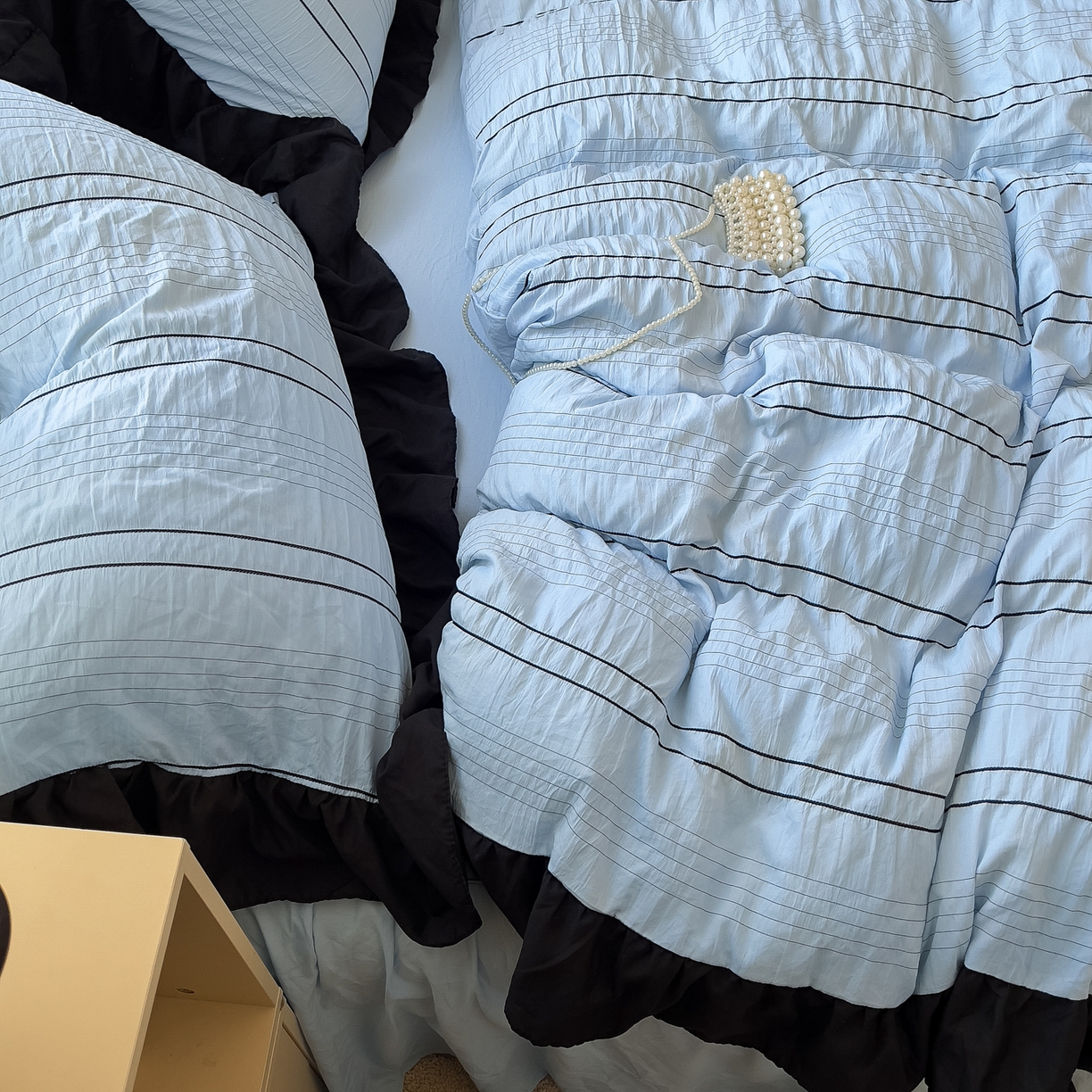 91家纺网 家纺一手货源 找家纺 优卡迪家纺馆 2025新款色织泡泡纱花边四件套 海盐蓝