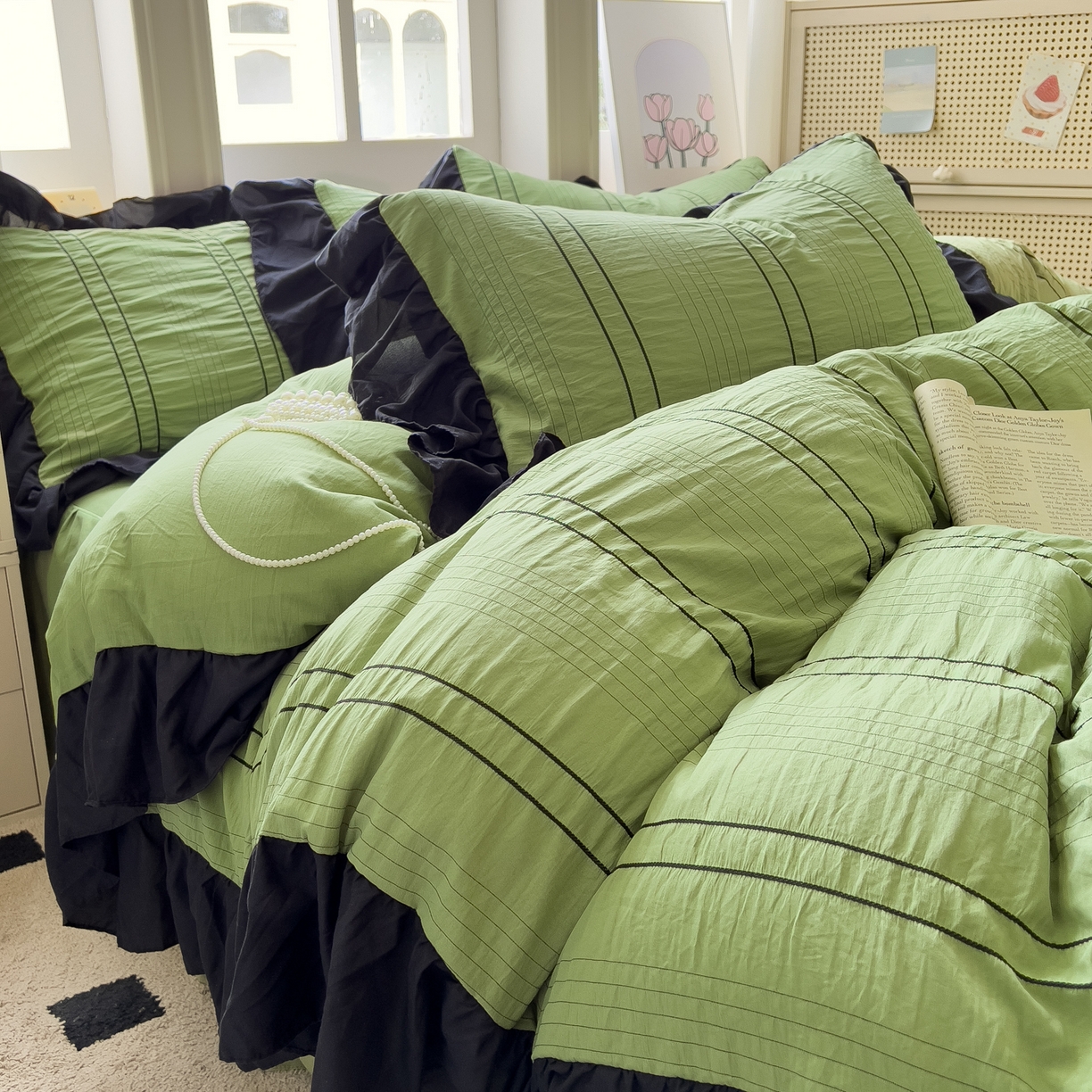 91家纺网 家纺一手货源 找家纺 优卡迪家纺馆 2025新款色织泡泡纱花边四件套 豆蔻绿