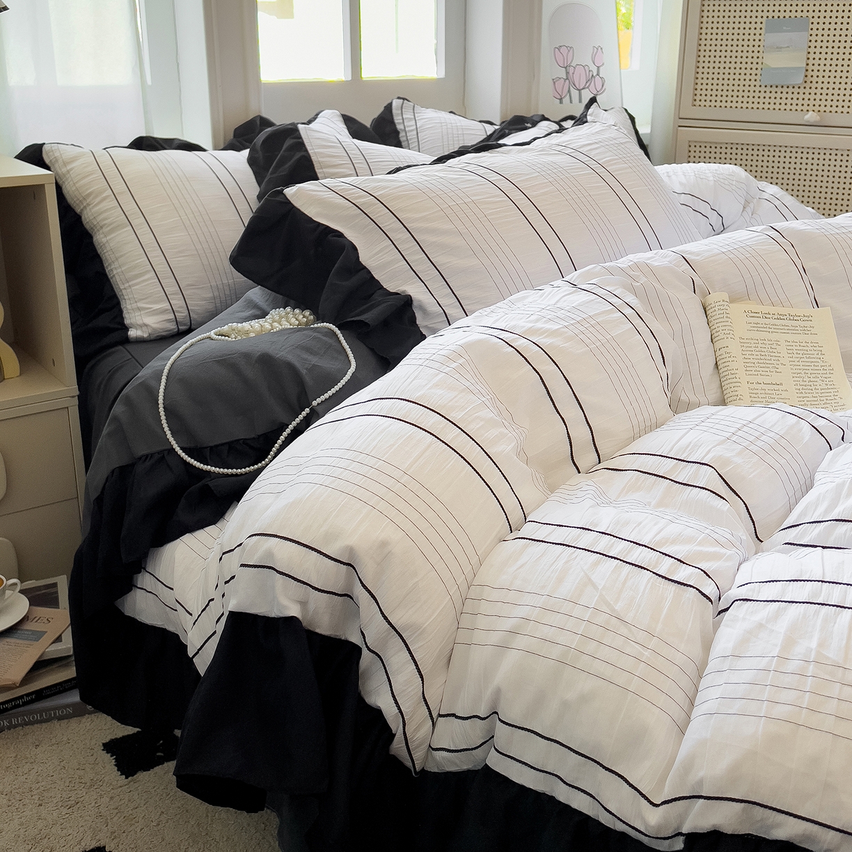 91家纺网 家纺一手货源 找家纺 优卡迪家纺馆 2025新款色织泡泡纱花边四件套 冰晶白