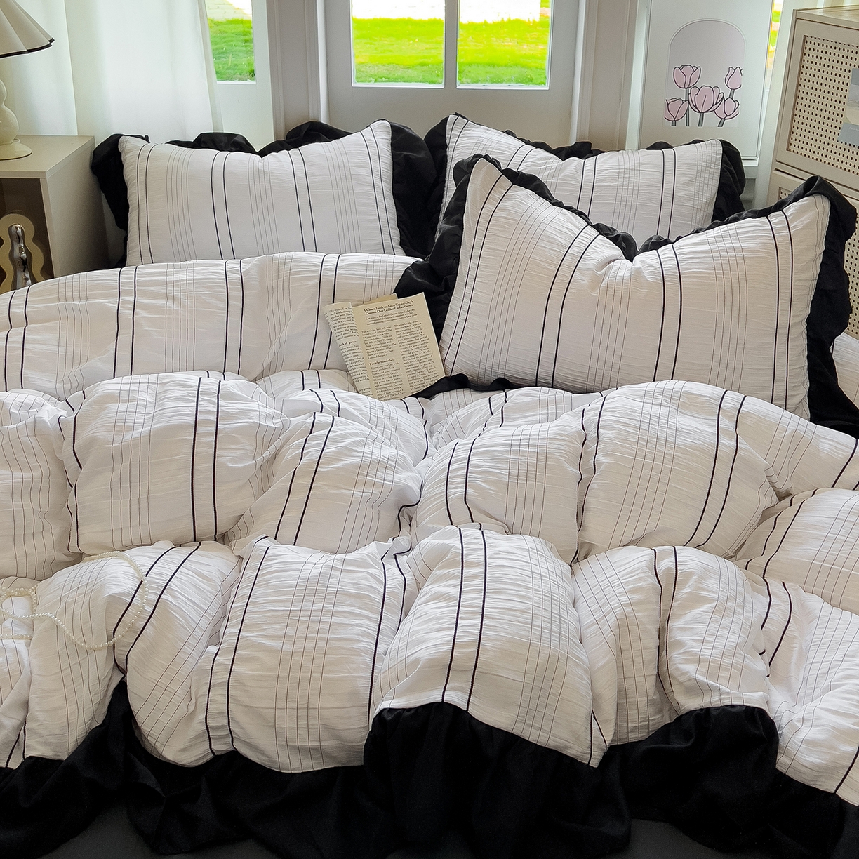 91家纺网 家纺一手货源 找家纺 优卡迪家纺馆 2025新款色织泡泡纱花边四件套 冰晶白