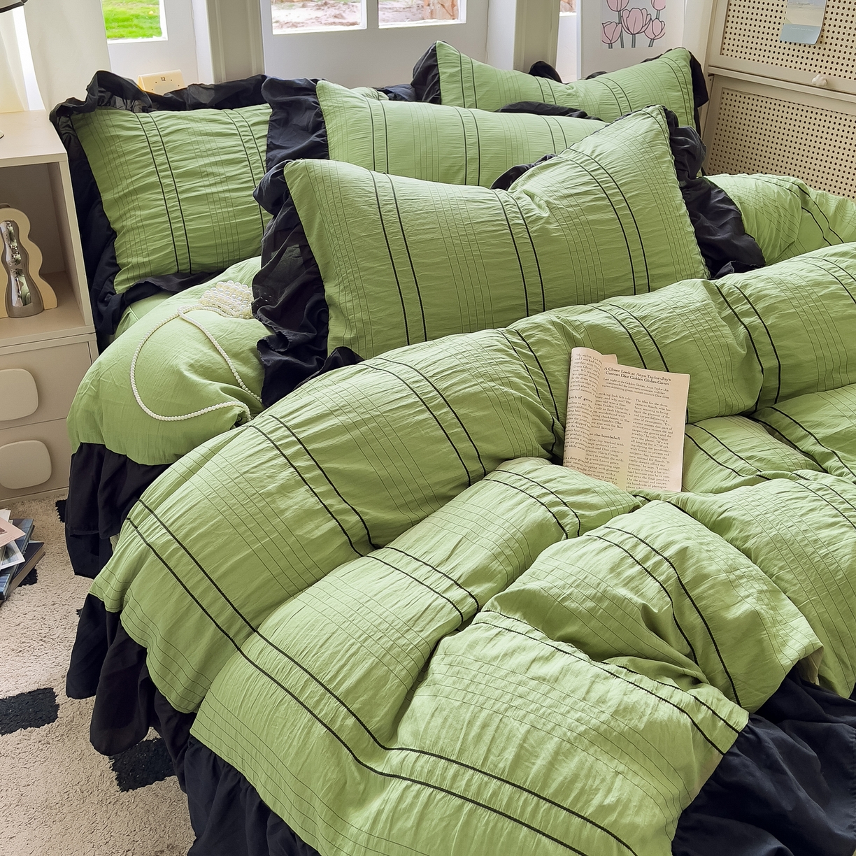 91家纺网 家纺一手货源 找家纺 优卡迪家纺馆 2025新款色织泡泡纱花边四件套 豆蔻绿