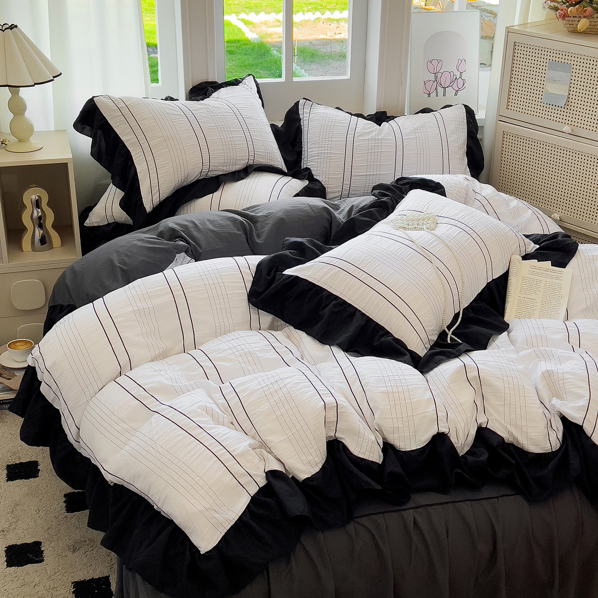 91家纺网 家纺一手货源 找家纺 优卡迪家纺馆 2025新款色织泡泡纱花边四件套 冰晶白