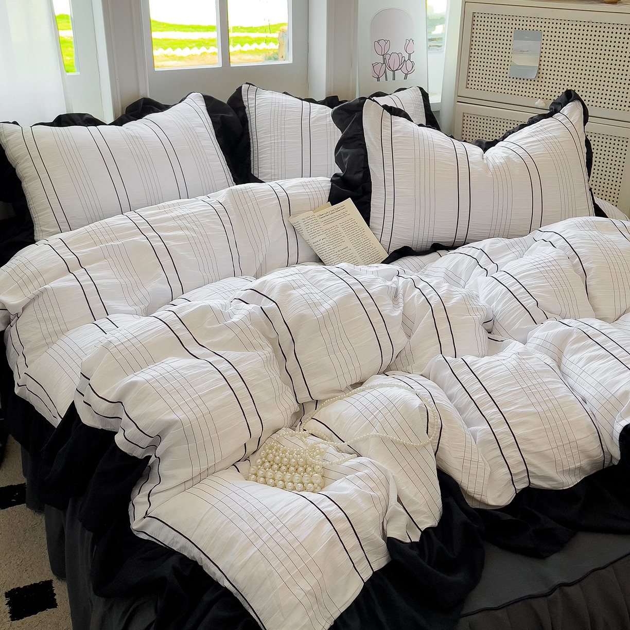 91家纺网 家纺一手货源 找家纺 优卡迪家纺馆 2025新款色织泡泡纱花边四件套 冰晶白