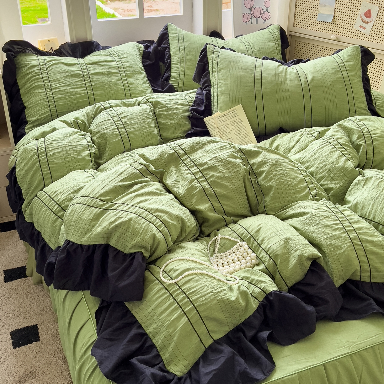 91家纺网 家纺一手货源 找家纺 优卡迪家纺馆 2025新款色织泡泡纱花边四件套 豆蔻绿