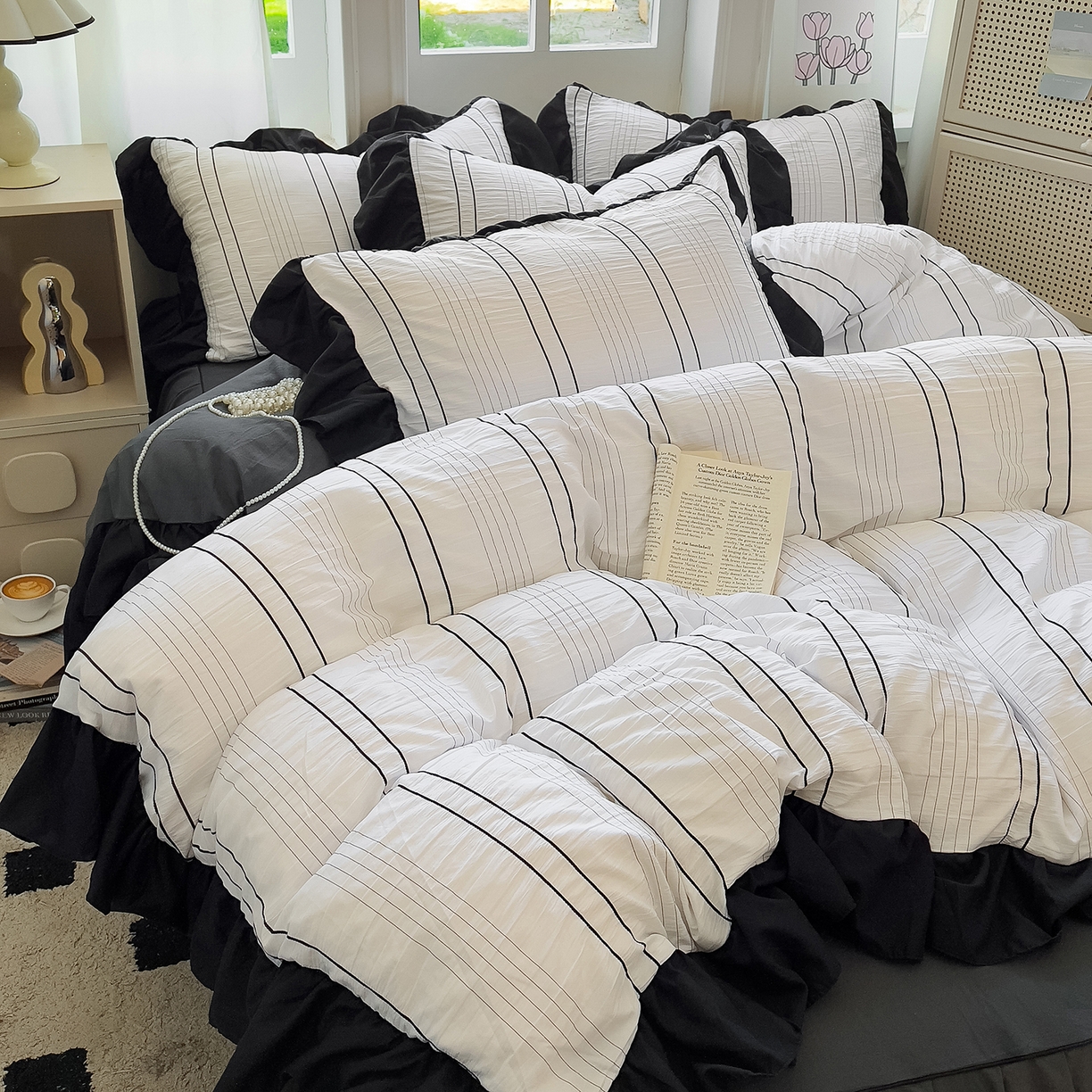 91家纺网 家纺一手货源 找家纺 优卡迪家纺馆 2025新款色织泡泡纱花边四件套 冰晶白