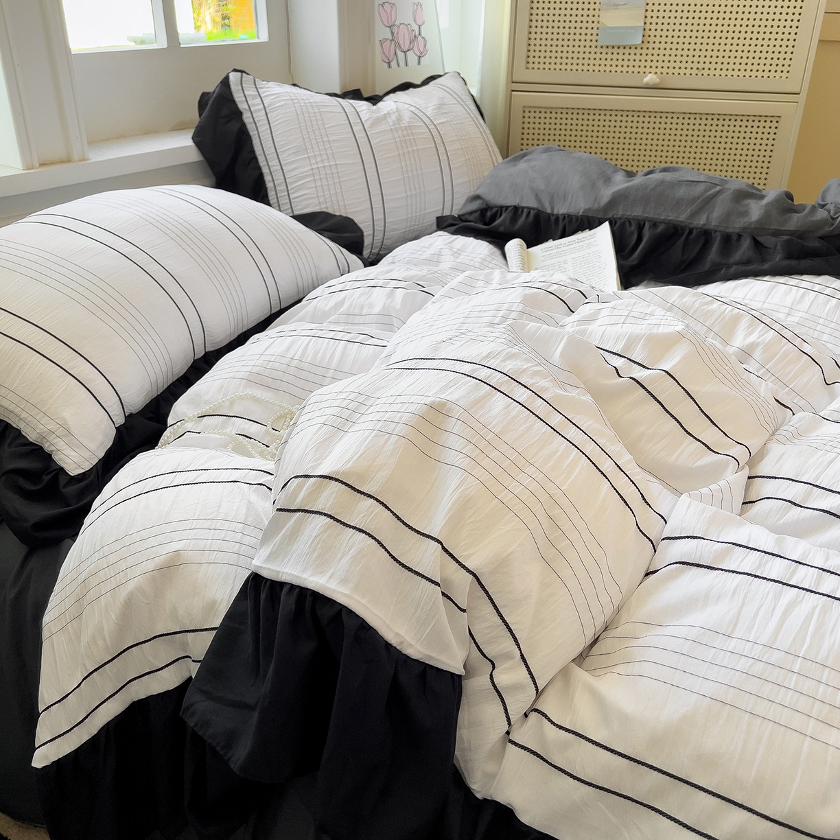 91家纺网 家纺一手货源 找家纺 优卡迪家纺馆 2025新款色织泡泡纱花边四件套 冰晶白