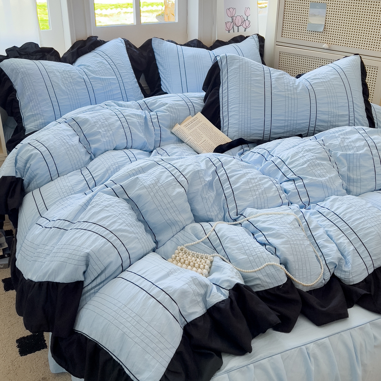 91家纺网 家纺一手货源 找家纺 优卡迪家纺馆 2025新款色织泡泡纱花边四件套 海盐蓝