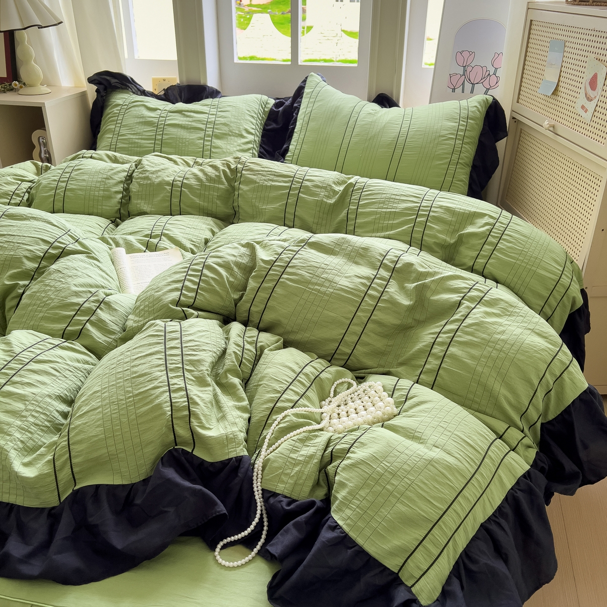 91家纺网 家纺一手货源 找家纺 优卡迪家纺馆 2025新款色织泡泡纱花边四件套 豆蔻绿