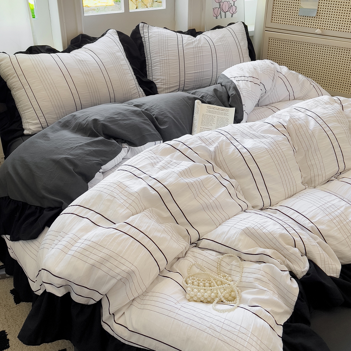 91家纺网 家纺一手货源 找家纺 优卡迪家纺馆 2025新款色织泡泡纱花边四件套 冰晶白