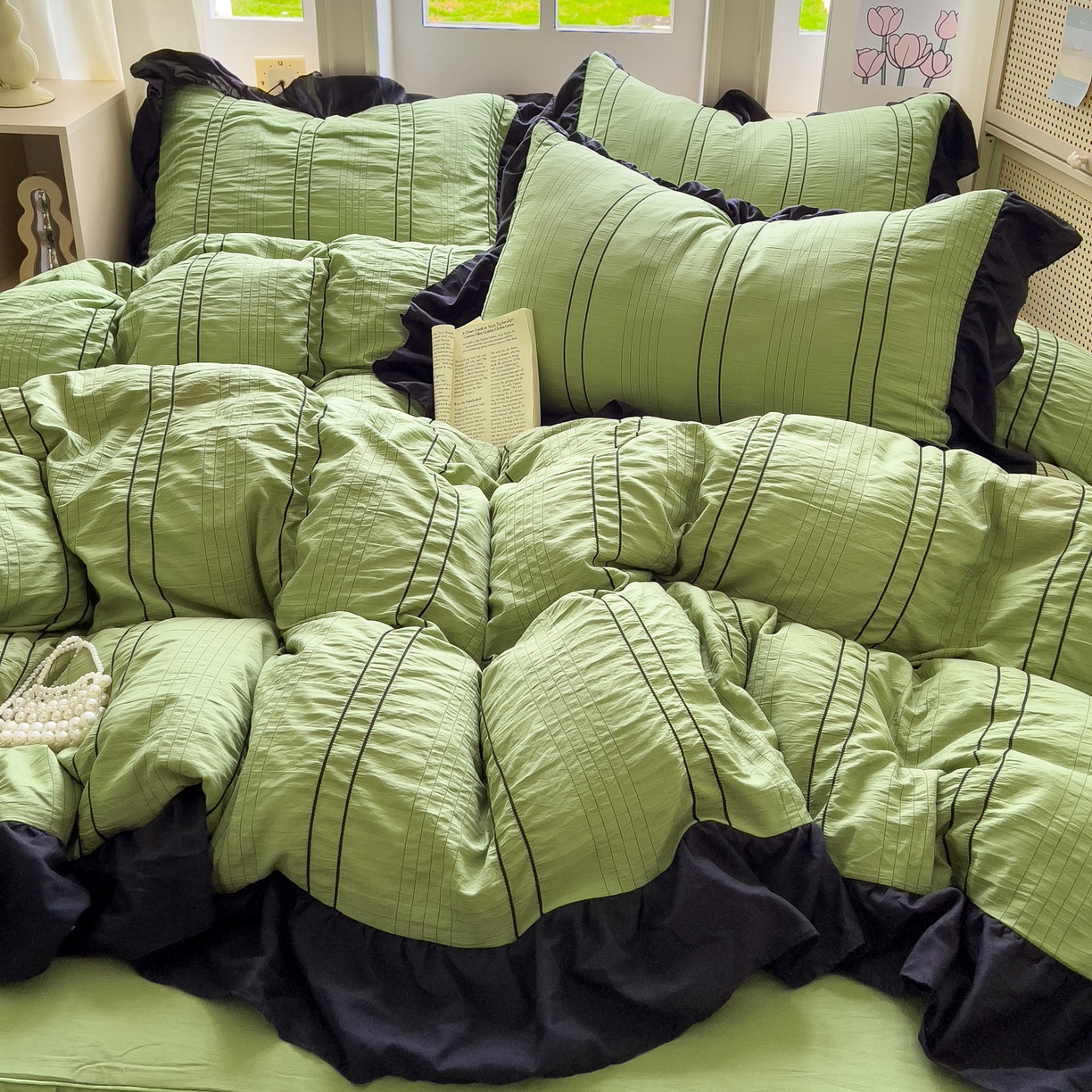 91家纺网 家纺一手货源 找家纺 优卡迪家纺馆 2025新款色织泡泡纱花边四件套 豆蔻绿