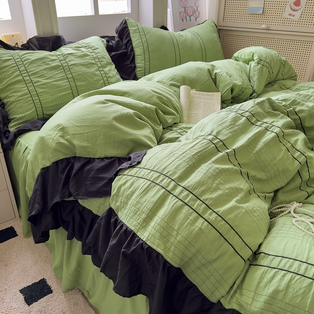 91家纺网 家纺一手货源 找家纺 优卡迪家纺馆 2025新款色织泡泡纱花边四件套 豆蔻绿