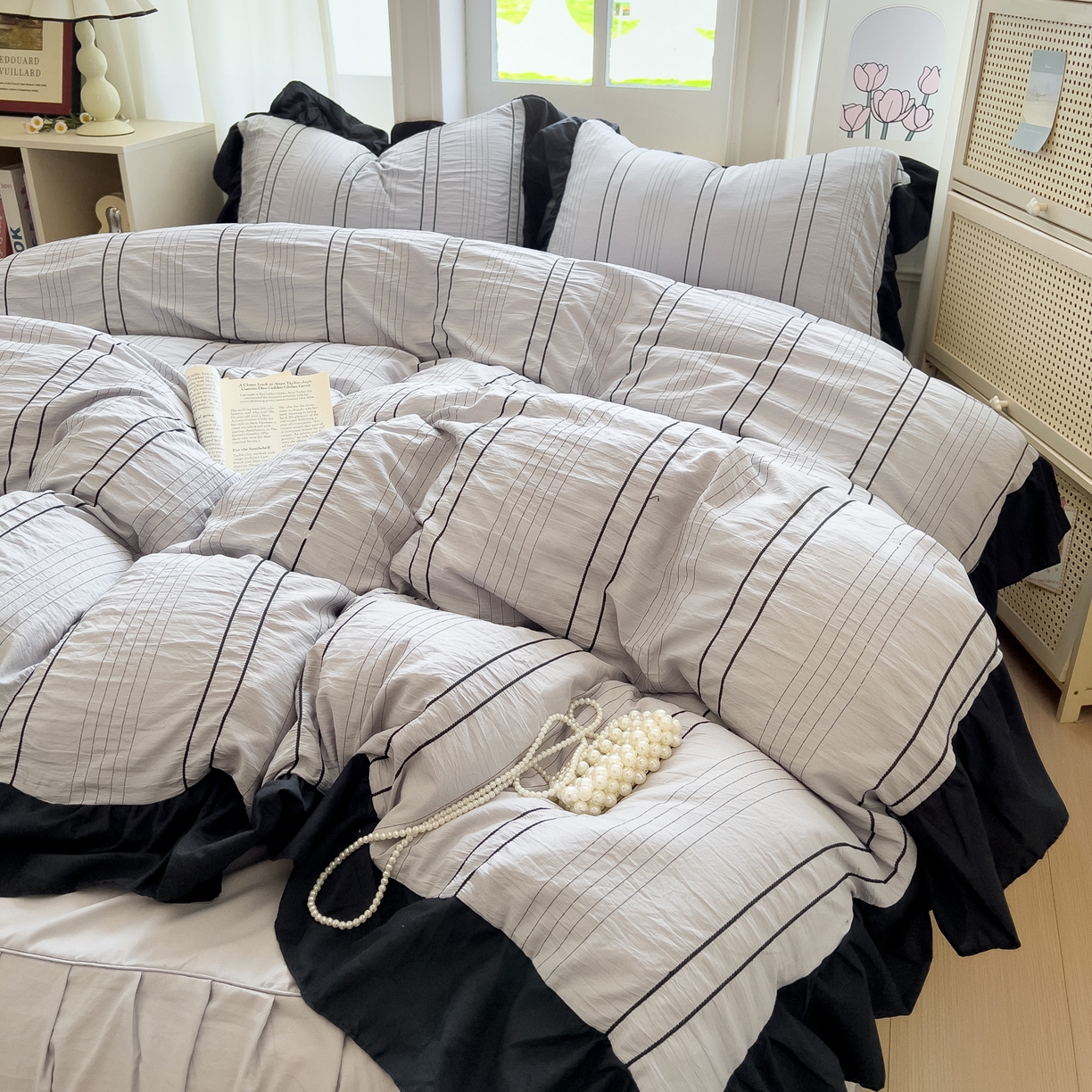 91家纺网 家纺一手货源 找家纺 优卡迪家纺馆 2025新款色织泡泡纱花边四件套 月影灰