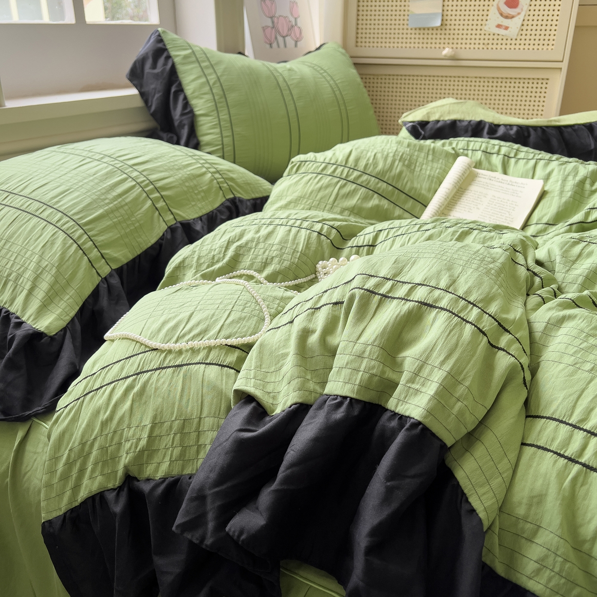 91家纺网 家纺一手货源 找家纺 优卡迪家纺馆 2025新款色织泡泡纱花边四件套 豆蔻绿