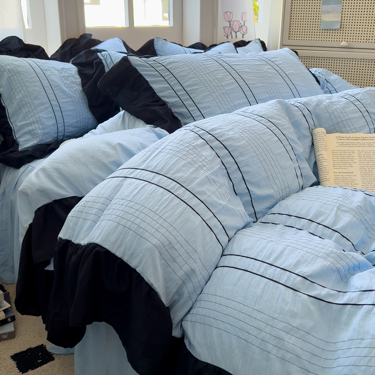 91家纺网 家纺一手货源 找家纺 优卡迪家纺馆 2025新款色织泡泡纱花边四件套 海盐蓝