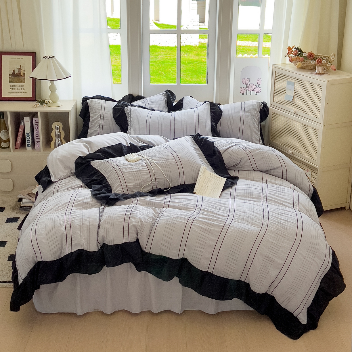 91家纺网 家纺一手货源 找家纺 优卡迪家纺馆 2025新款色织泡泡纱花边四件套 月影灰