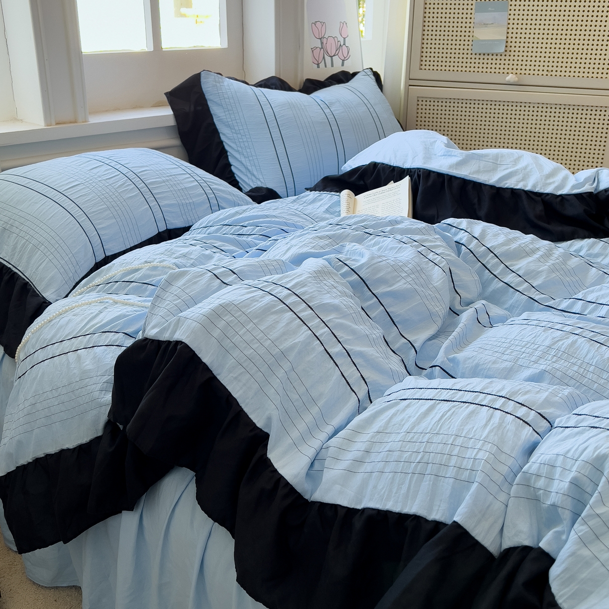 91家纺网 家纺一手货源 找家纺 （总）优卡迪家纺馆 2025新款色织泡泡纱花边四件套