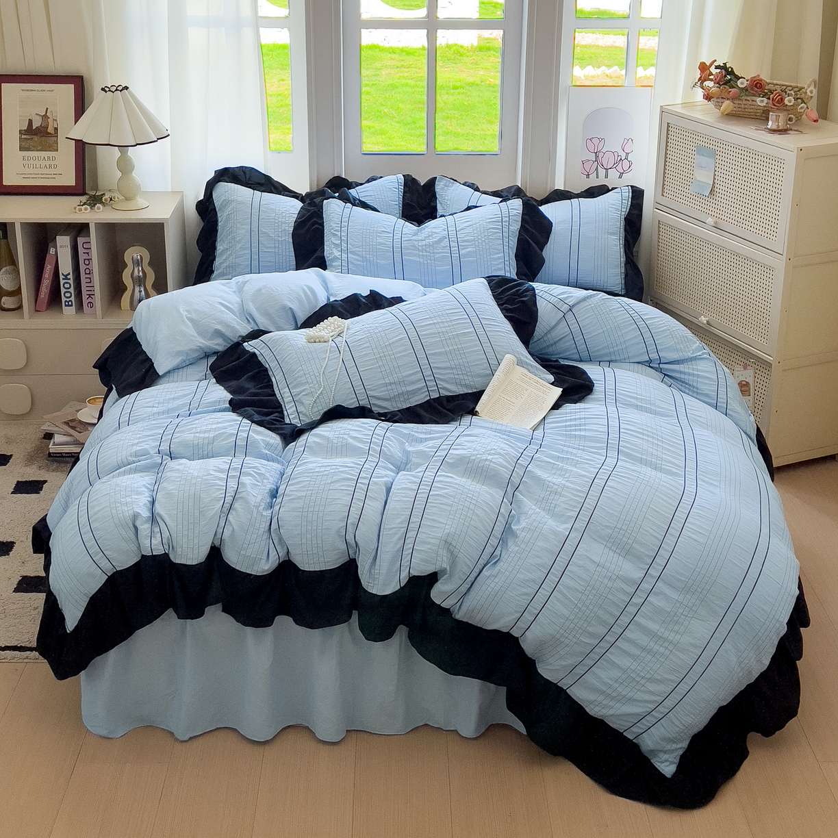 91家纺网 家纺一手货源 找家纺 优卡迪家纺馆 2025新款色织泡泡纱花边四件套 海盐蓝