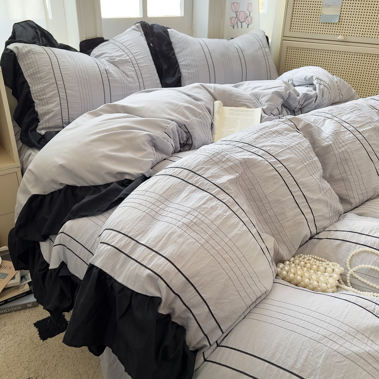 91家纺网 家纺一手货源 找家纺 优卡迪家纺馆 2025新款色织泡泡纱花边四件套 月影灰