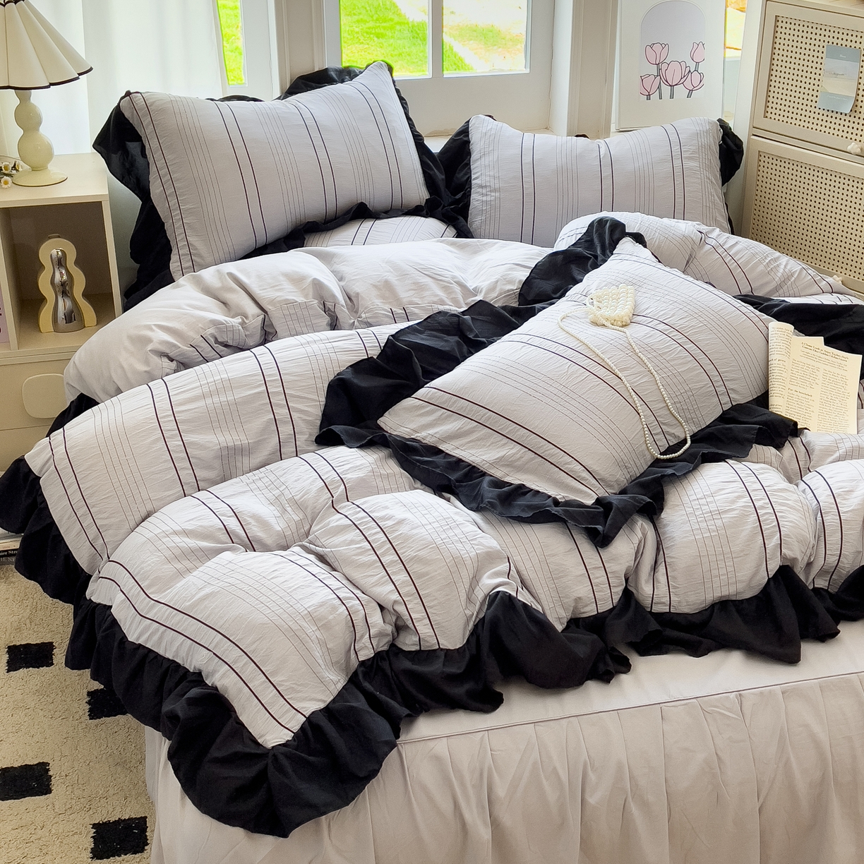 91家纺网 家纺一手货源 找家纺 优卡迪家纺馆 2025新款色织泡泡纱花边四件套 月影灰