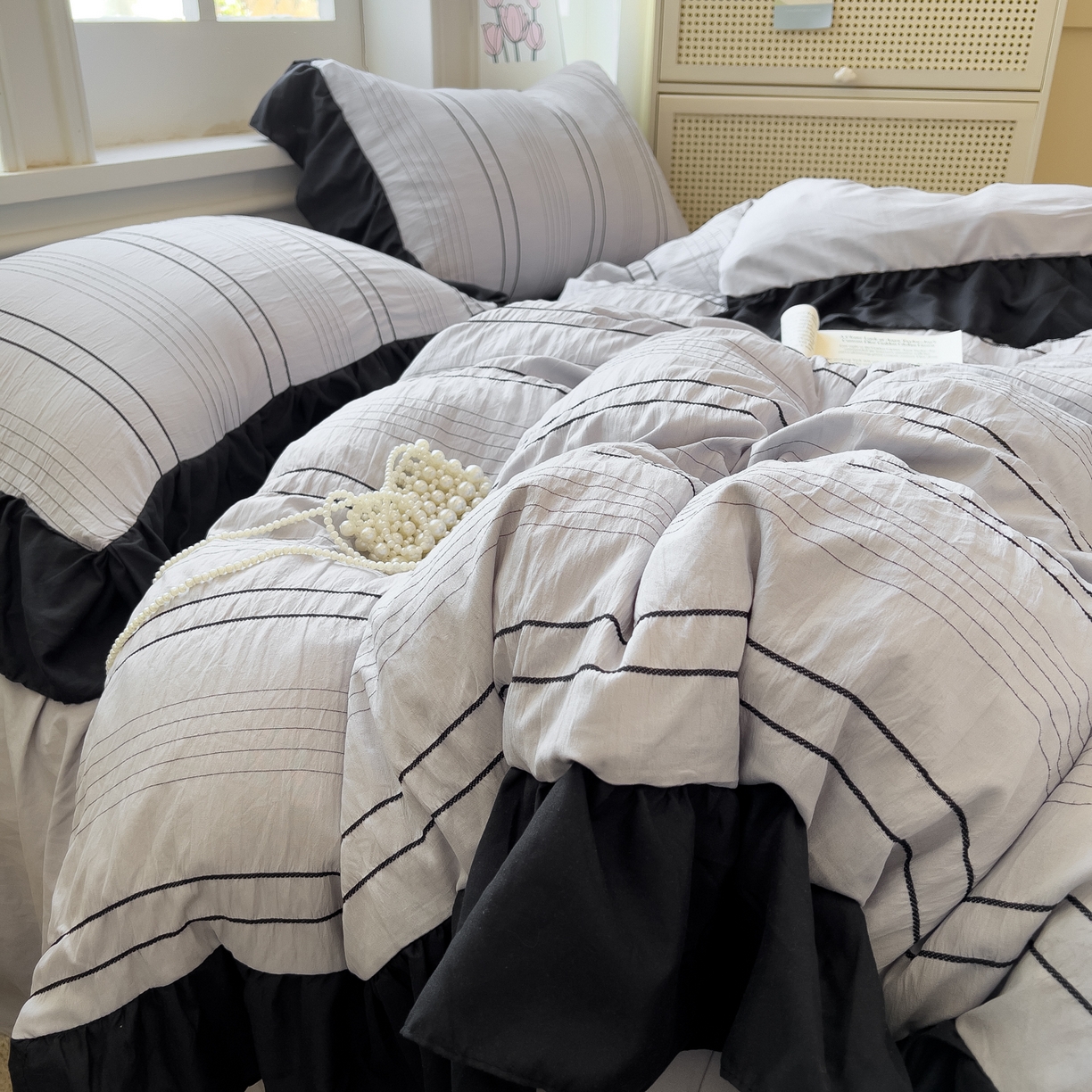 91家纺网 家纺一手货源 找家纺 优卡迪家纺馆 2025新款色织泡泡纱花边四件套 月影灰