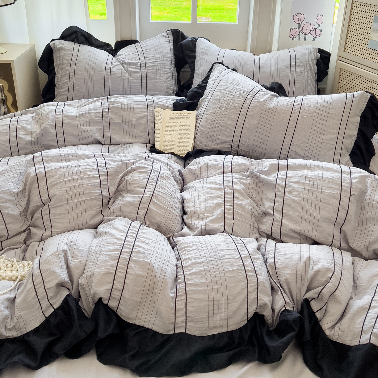 91家纺网 家纺一手货源 找家纺 优卡迪家纺馆 2025新款色织泡泡纱花边四件套 月影灰