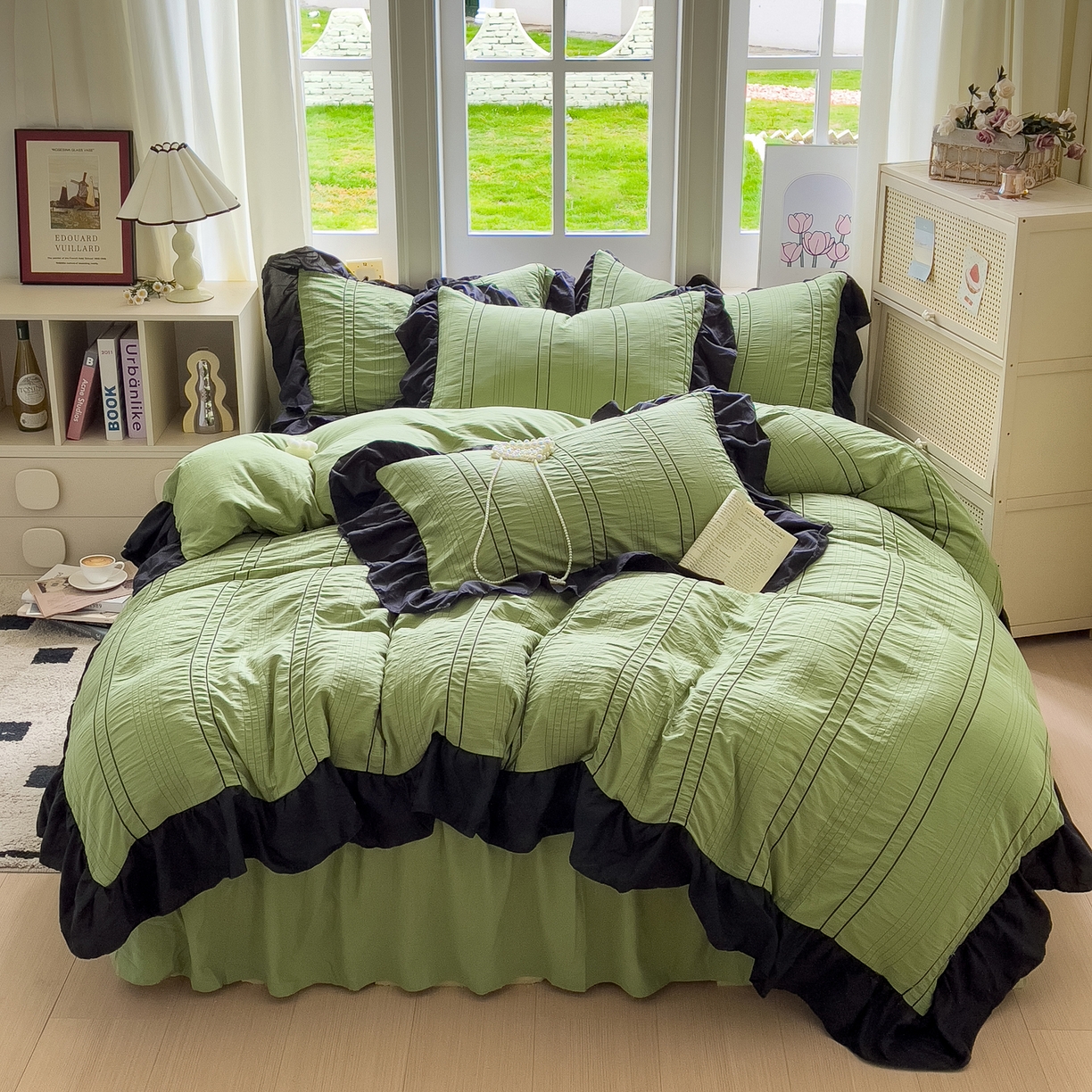 91家纺网 家纺一手货源 找家纺 优卡迪家纺馆 2025新款色织泡泡纱花边四件套 豆蔻绿