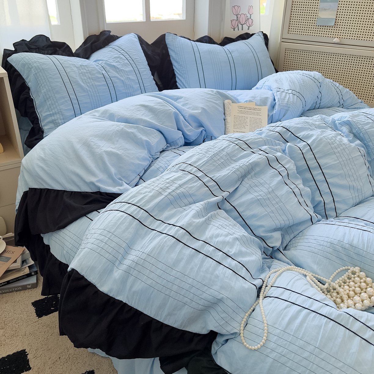 91家纺网 家纺一手货源 找家纺 优卡迪家纺馆 2025新款色织泡泡纱花边四件套 海盐蓝