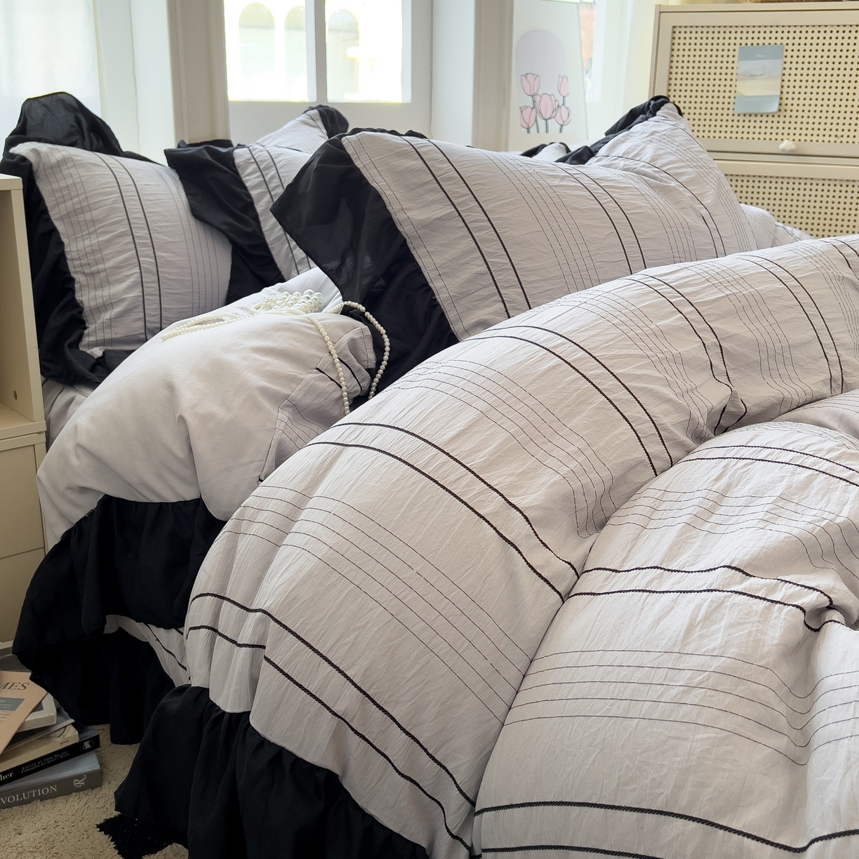 91家纺网 家纺一手货源 找家纺 优卡迪家纺馆 2025新款色织泡泡纱花边四件套 月影灰