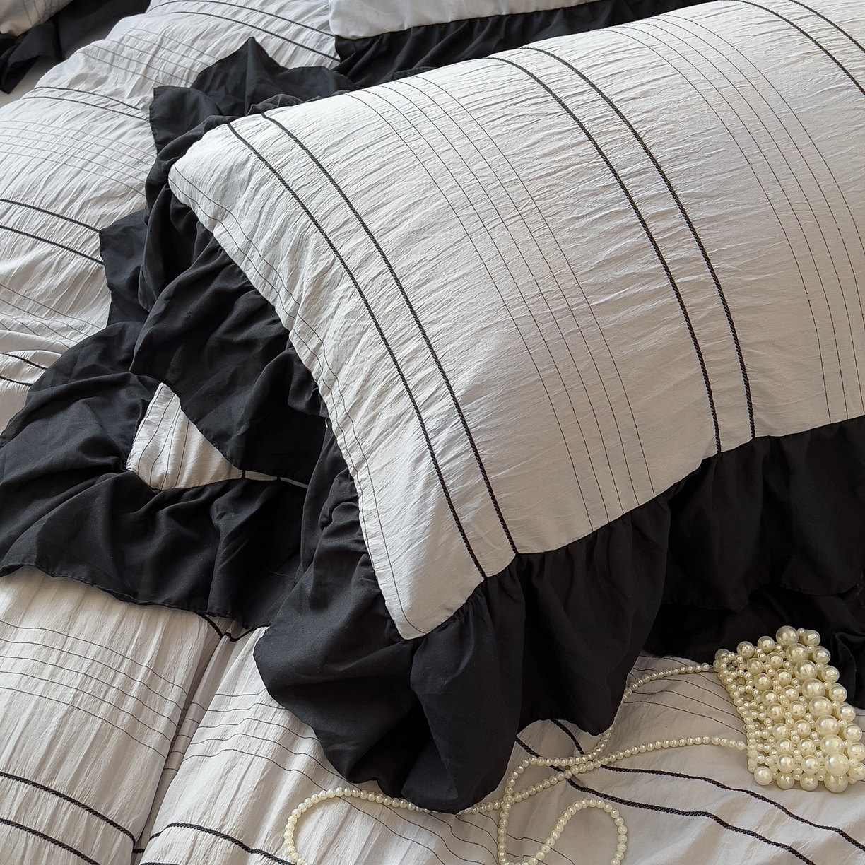 91家纺网 家纺一手货源 找家纺 优卡迪家纺馆 2025新款色织泡泡纱花边四件套 月影灰