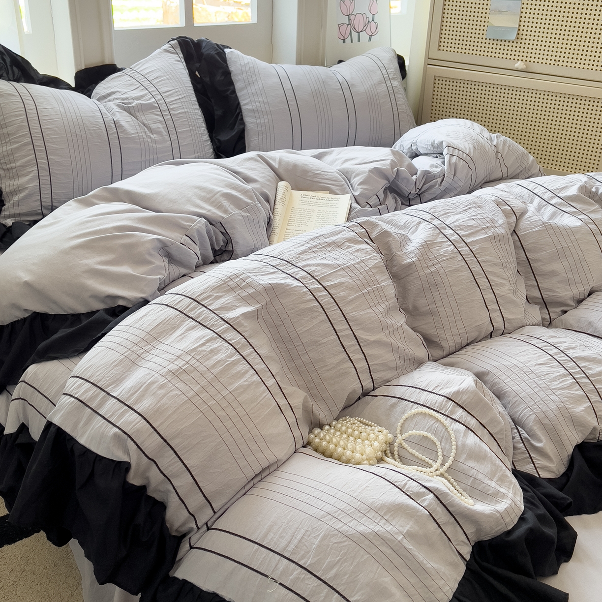 91家纺网 家纺一手货源 找家纺 优卡迪家纺馆 2025新款色织泡泡纱花边四件套 月影灰