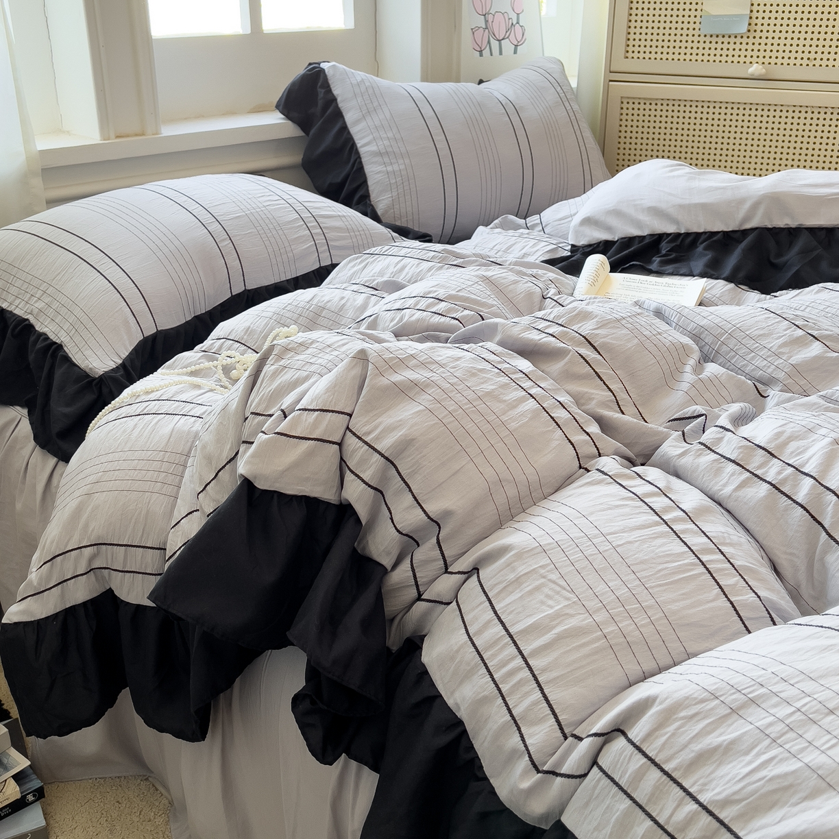 91家纺网 家纺一手货源 找家纺 优卡迪家纺馆 2025新款色织泡泡纱花边四件套 月影灰