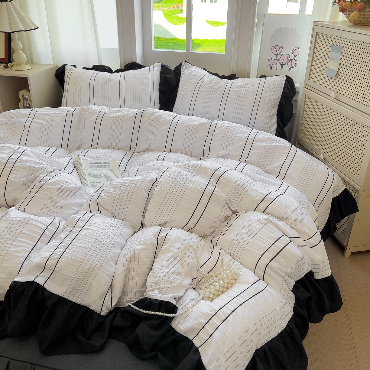 91家纺网 家纺一手货源 找家纺 优卡迪家纺馆 2025新款色织泡泡纱花边四件套 冰晶白