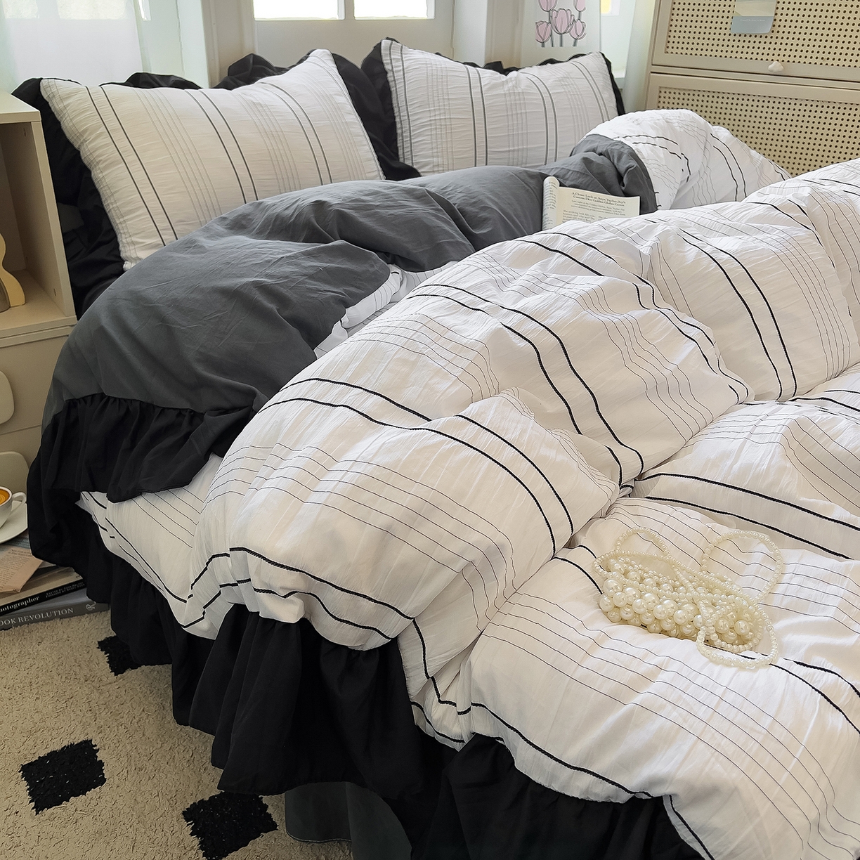 91家纺网 家纺一手货源 找家纺 优卡迪家纺馆 2025新款色织泡泡纱花边四件套 冰晶白