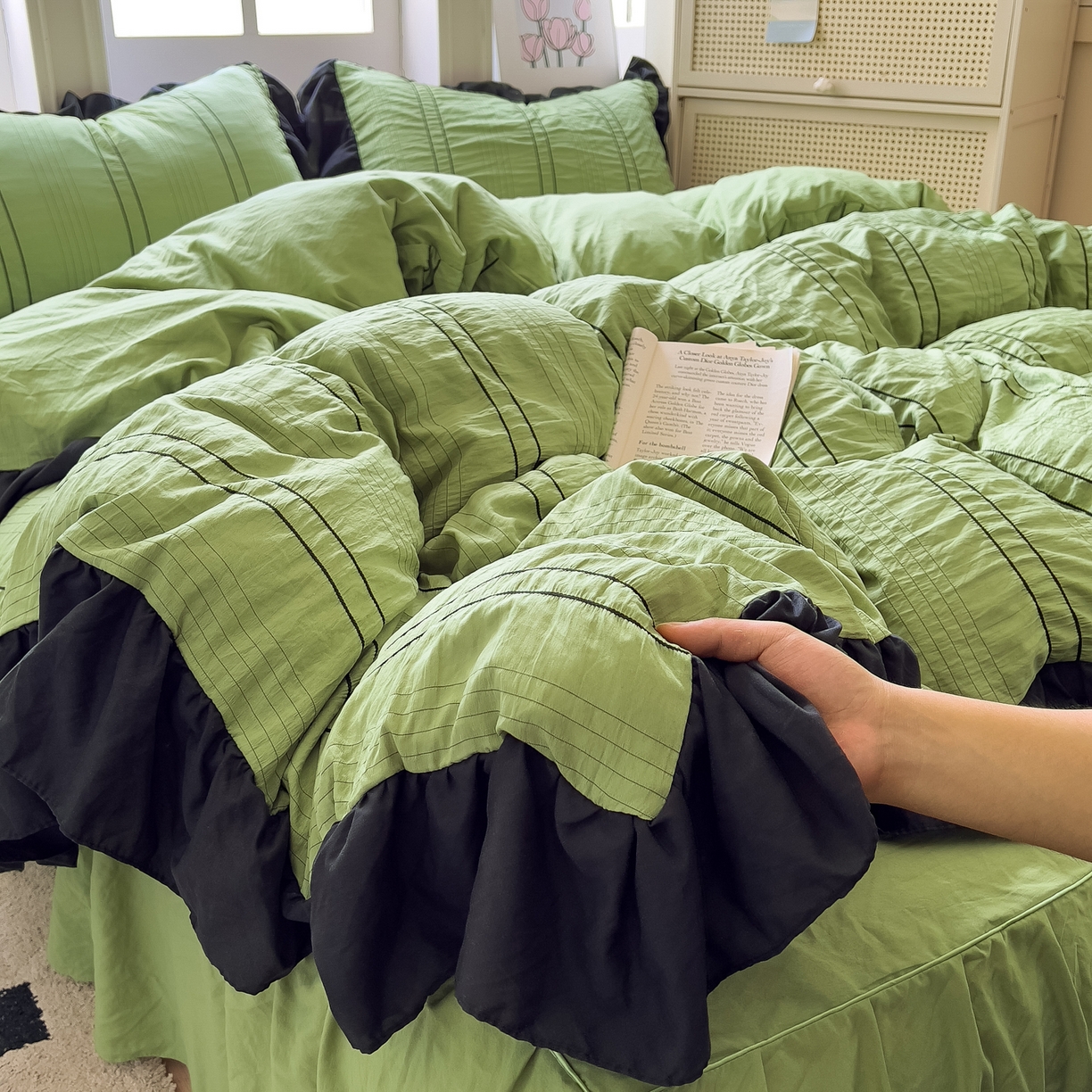 91家纺网 家纺一手货源 找家纺 优卡迪家纺馆 2025新款色织泡泡纱花边四件套 豆蔻绿