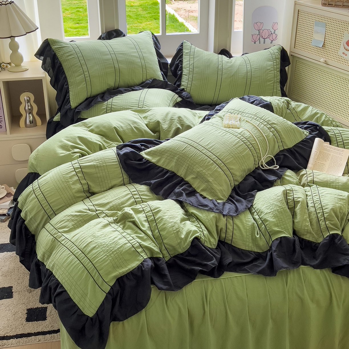 91家纺网 家纺一手货源 找家纺 优卡迪家纺馆 2025新款色织泡泡纱花边四件套 豆蔻绿