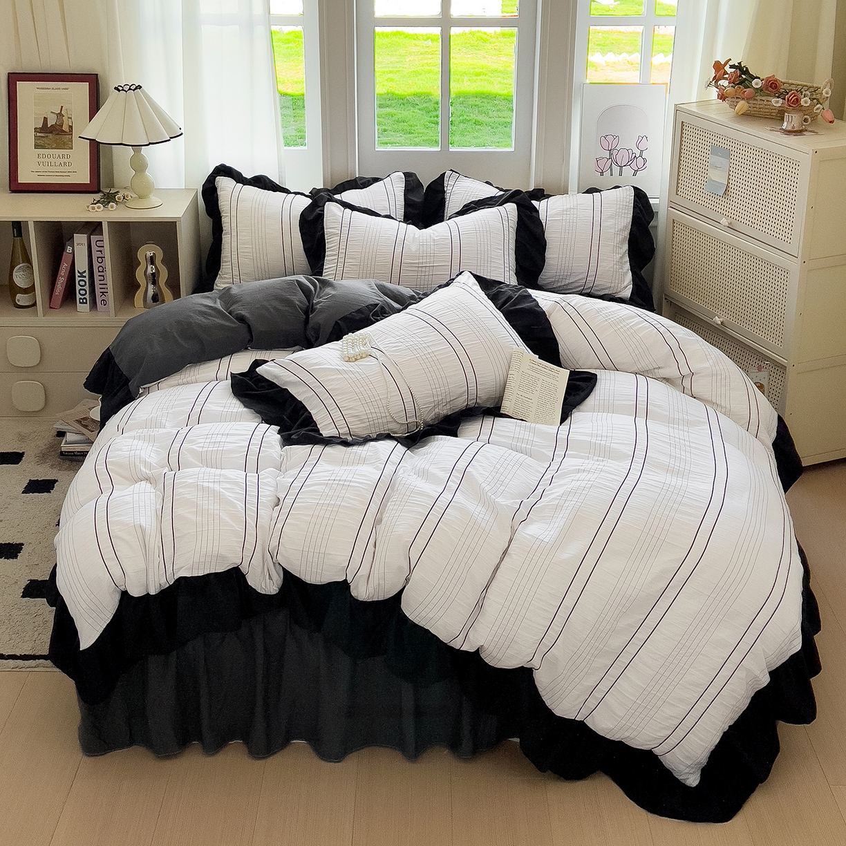 91家纺网 家纺一手货源 找家纺 优卡迪家纺馆 2025新款色织泡泡纱花边四件套 冰晶白