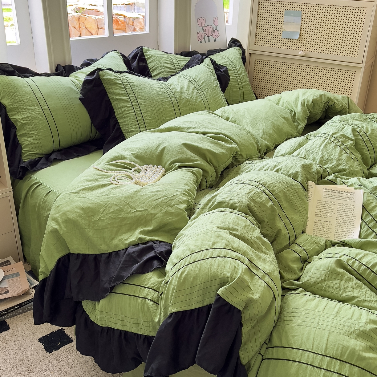 91家纺网 家纺一手货源 找家纺 优卡迪家纺馆 2025新款色织泡泡纱花边四件套 豆蔻绿