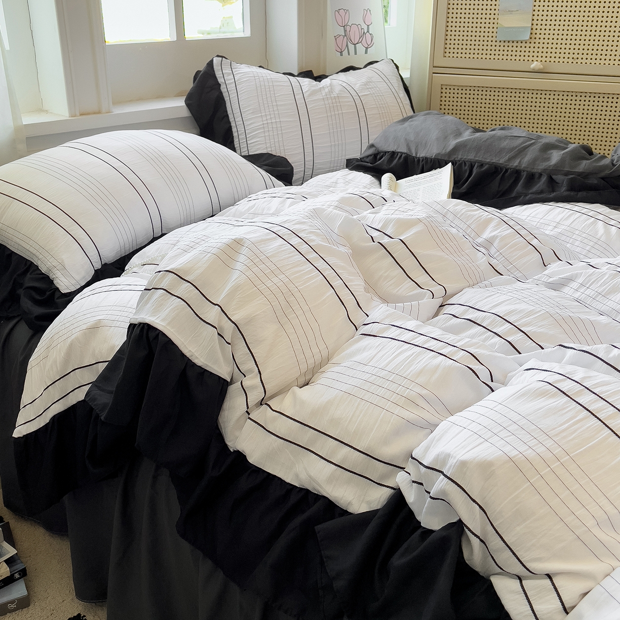 91家纺网 家纺一手货源 找家纺 优卡迪家纺馆 2025新款色织泡泡纱花边四件套 冰晶白