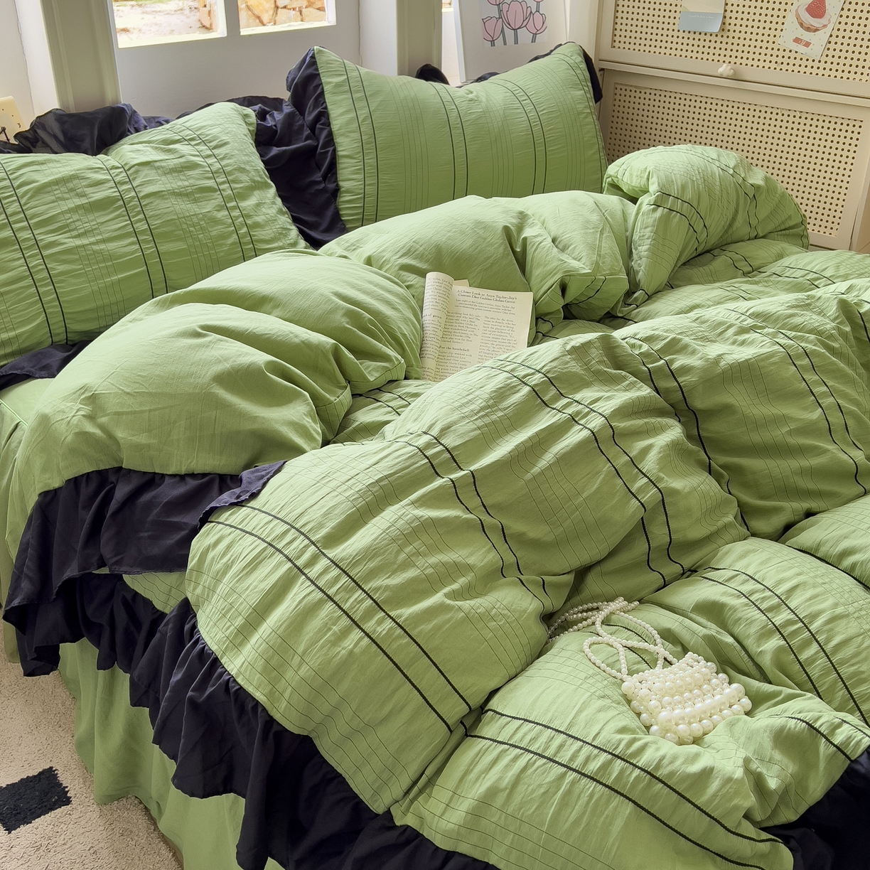 91家纺网 家纺一手货源 找家纺 优卡迪家纺馆 2025新款色织泡泡纱花边四件套 豆蔻绿