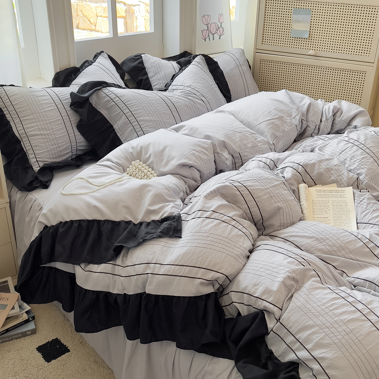 91家纺网 家纺一手货源 找家纺 （总）优卡迪家纺馆 2025新款色织泡泡纱花边四件套