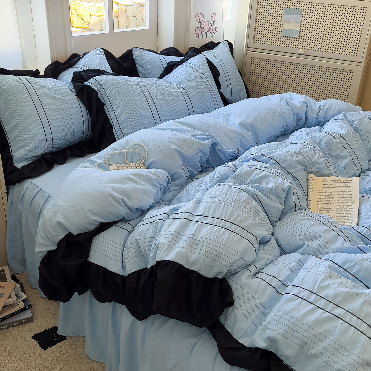 91家纺网 家纺一手货源 找家纺 优卡迪家纺馆 2025新款色织泡泡纱花边四件套 海盐蓝