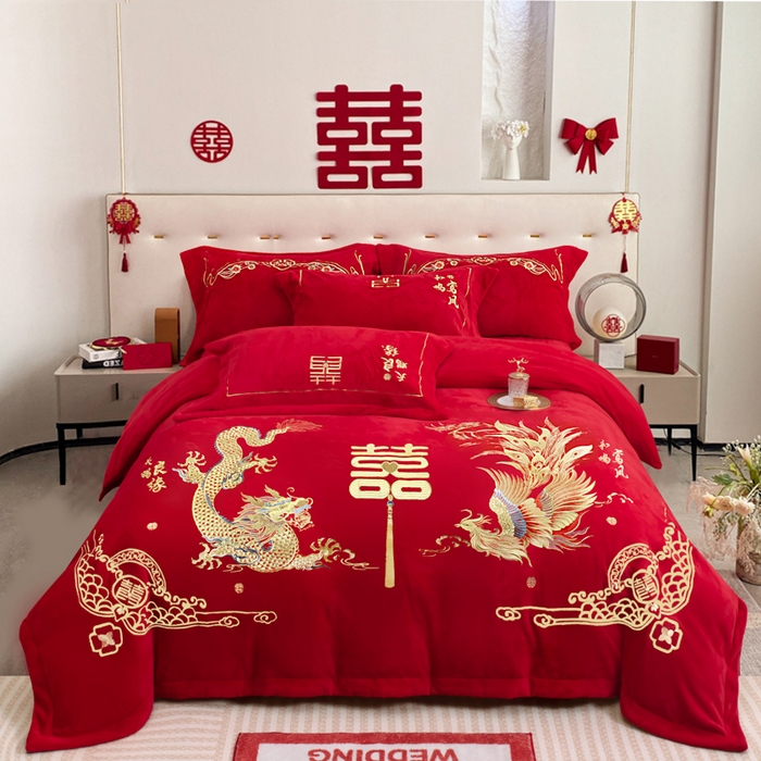 91家纺网 家纺一手货源 找家纺 （总）千禧家纺 2025新款加厚高克重全消光牛奶绒刺绣婚庆四件套