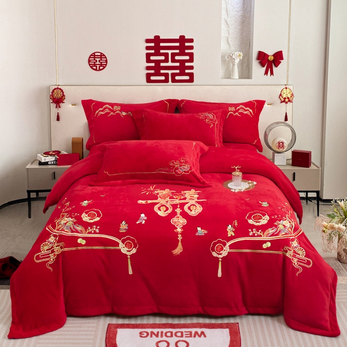 91家纺网 家纺一手货源 找家纺 （总）千禧家纺 2025新款加厚高克重全消光牛奶绒刺绣婚庆四件套