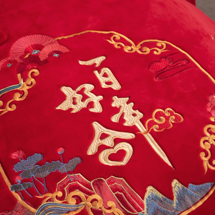 91家纺网 家纺一手货源 找家纺 （总）千禧家纺 2025新款加厚高克重全消光牛奶绒刺绣婚庆四件套