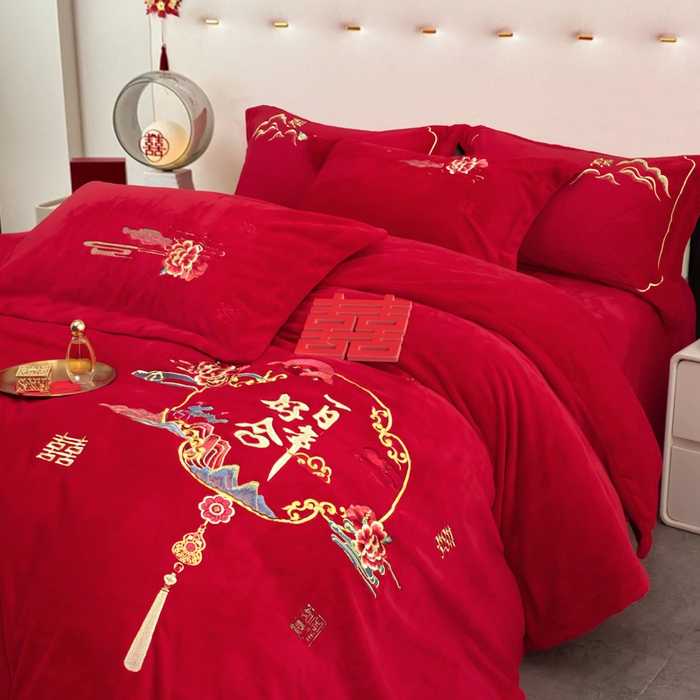 91家纺网 家纺一手货源 找家纺 （总）千禧家纺 2025新款加厚高克重全消光牛奶绒刺绣婚庆四件套