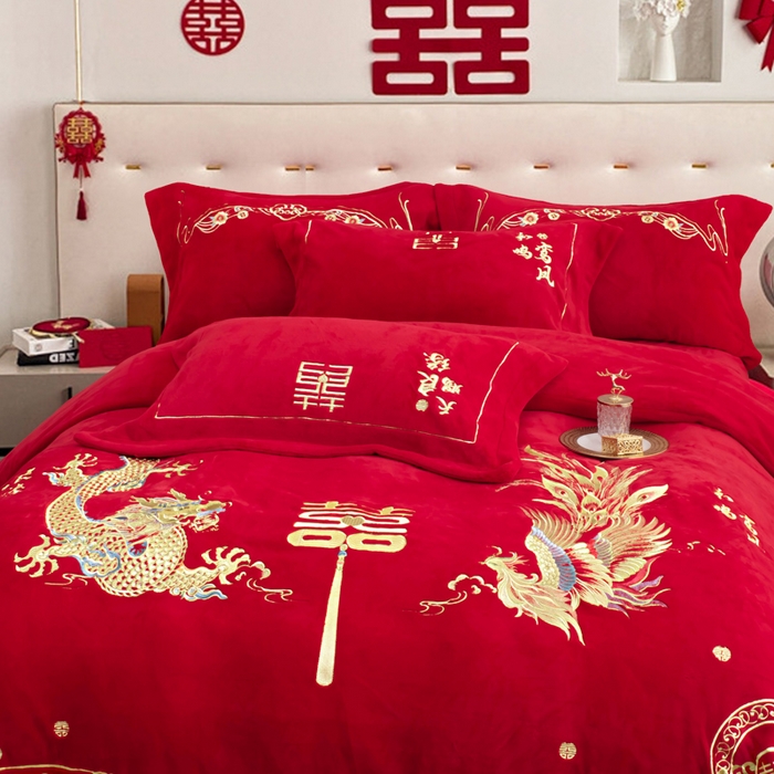 91家纺网 家纺一手货源 找家纺 千禧家纺 2025新款加厚高克重全消光牛奶绒刺绣婚庆四件套 龙凤喜事（绒）